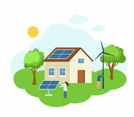 Naklejka premium Man and woman install solar panel and wind generator in house. Sustainable energy climate alternative. Solar, wind power. Vector flat concept illustration.