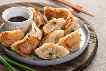 Pan-fried gyoza dumpling jiaozi in a plate with soy sauce on gray table background.