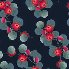 Herbal vector pattern with red eucalyptus flower. Seamless fabric dark background.