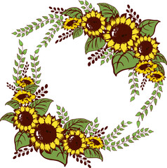 Floral summer frame of yellow blooming sunflowers bouquet arranngement