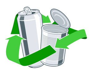 Green recycling symbol with metal can and tin inside. Concept of waste management and environmental protection. Vector isolated 3d cartoon style illustration.