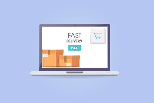 Fast delivery, laptop and boxes, 3d vector illustration. webshop concept.