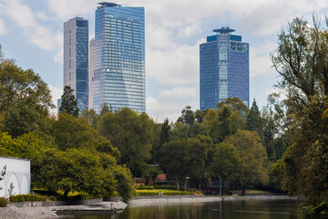 Lake at Chapultepec Park, building in the background, Mexico City, Mexico