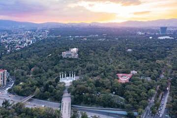 Fototapeta na wymiar Aerial drone view of Chapultepec Park, city in the background, Mexico City, Mexico