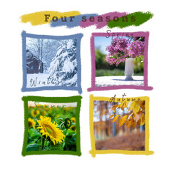 Four Seasons. Set of square photos of nature in frames with winter, spring, summer and autumn...