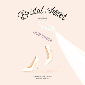 Bridal shower honoring the bride with veil and wedding shoes.