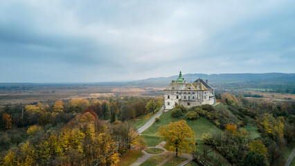 Fototapeta na wymiar Panoramic landscape with Olesko Castle, Lviv district, Ukraine. Fortification sights of Ukraine