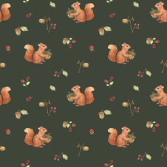 Seamless watercolor pattern on the theme of autumn and cute animals with small squirrels, branches with leaves, wild berries, twigs, mushrooms and decor for your design in high quality