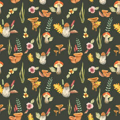 Seamless watercolor pattern on the theme of autumn with various mushrooms chanterelles, porcini, boletus, other mushrooms, fern leaves, twigs and flowers for your design in high quality