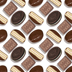 Oreos, chocolate cupcakes with stuffing and crackers on the white background. Sweet set. Seamless pattern for decoration of restaurants, bakeries, pastry shops.