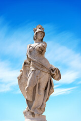 Brescia. Closeup of the marble statue and fountain of Brescia Armata (Brescia Armed) by the Italian sculptor Antonio Calegari (1699-1777). Square Piazza Paolo VI or Piazza del Duomo. Lombardy, Italy.