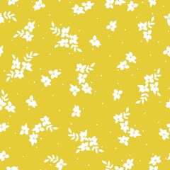 Simple vintage pattern. Small white flowers and leaves. Yellow background. Fashionable print for textiles, wallpaper and packaging.