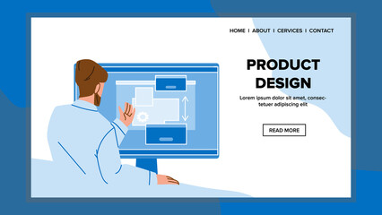 Product Design Developing Designer Artist Vector. Product Design Develop And Create Worker In Computer Professional Software. Character Engineering And Creativity Web Flat Cartoon Illustration
