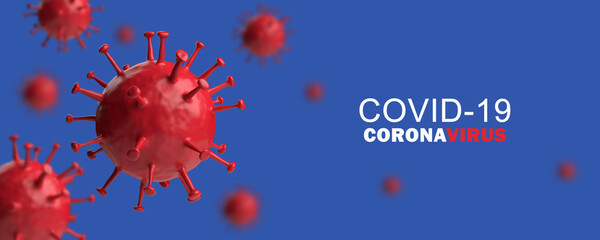 Covid-19 3D rendering. Realistic Covid red on a blue background. Horizontal banner, poster, website header.