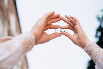 bride and groom holding rings