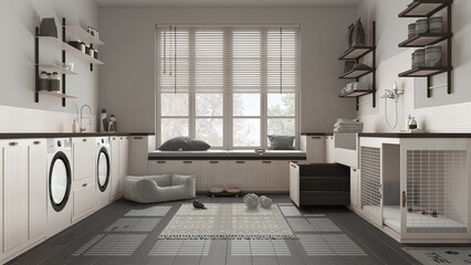 Fototapeta na wymiar Pet friendly modern dark and wooden laundry room, mudroom with cabinets and equipment. Dog shower bath with ladder, dog bed and carpet, window with bench. Interior design concept idea