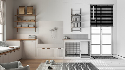 Architect interior designer concept: hand-drawn draft unfinished project that becomes real, space devoted to pet, pet friendly laundry room with dog bath shower. Shelves with dog food