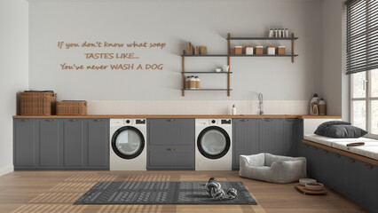 Pet friendly laundry room, space devoted to pets, mudroom in wooden and gray tones. Cabinets and shelves with accessories and appliances. Dog bed, carpet and toys. Interior design