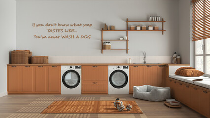 Pet friendly laundry room, space devoted to pets, mudroom in wooden and orange tones. Cabinets and shelves with accessories and appliances. Dog bed, carpet and toys. Interior design