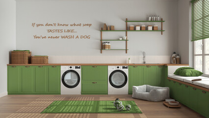 Pet friendly laundry room, space devoted to pets, mudroom in wooden and green tones. Cabinets and shelves with accessories and appliances. Dog bed, carpet and toys. Interior design