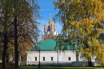 Autumn view of the Transfiguration Church in the Novodevichy Monastery. Moscow, Russia