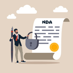 Non disclosure agreement contract signing, legal confidential document for working employee acknowledge concept, confidence businessman holding signing pen with NDA locked with padlock document.