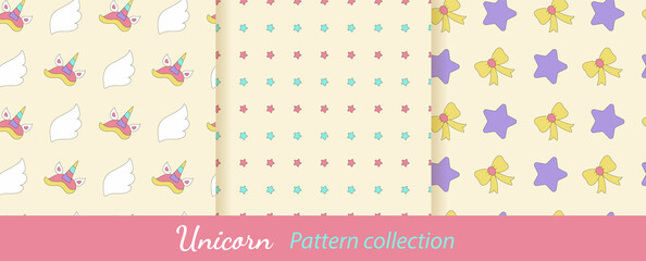 Collection of unicorn patterns. Magical vector patterns set. Seamless patterns with bows, stars, wings, horns. 