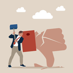 Businessman holding hammer hitting dislike thumb down mark with cracks.