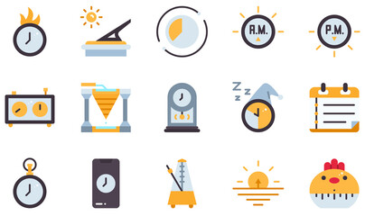 Fototapeta premium Set of Vector Icons Related to Time. Contains such Icons as Deadline, Sundial, Time Lapse, Chess Clock, Water Clock, Pendulum Clock and more.