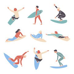 Vector flat style set of surfing boy and girl surfers abstract mosaic stylized. Minimalism design off wave riders in different poses - obrazy, fototapety, plakaty