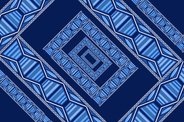The fabric pattern in blue tones is ethnic. Various designed for use in the textile industry Adapted from oblique geometric shapes and spaces of unequal dimensions, it is a work of art.