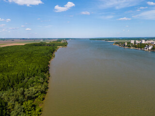 Aerial view of Danube river, border between Bulgaria and Rumania