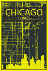 Yellow printout city poster with panoramic skyline and streets network on dark gray background of the downtown CHICAGO, ILLINOIS