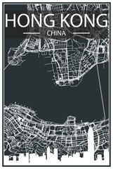 Dark printout city poster with panoramic skyline and streets network on dark gray background of the downtown HONG KONG, CHINA