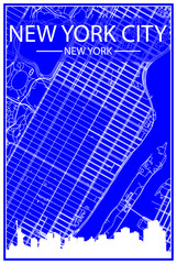 Technical drawing printout city poster with panoramic skyline and streets network on blue background of the downtown NEW YORK CITY, NEW YORK
