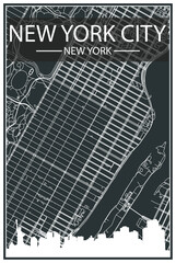 Dark printout city poster with panoramic skyline and streets network on dark gray background of the downtown NEW YORK CITY, NEW YORK