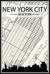 Light printout city poster with panoramic skyline and streets network on vintage beige background of the downtown NEW YORK CITY, NEW YORK