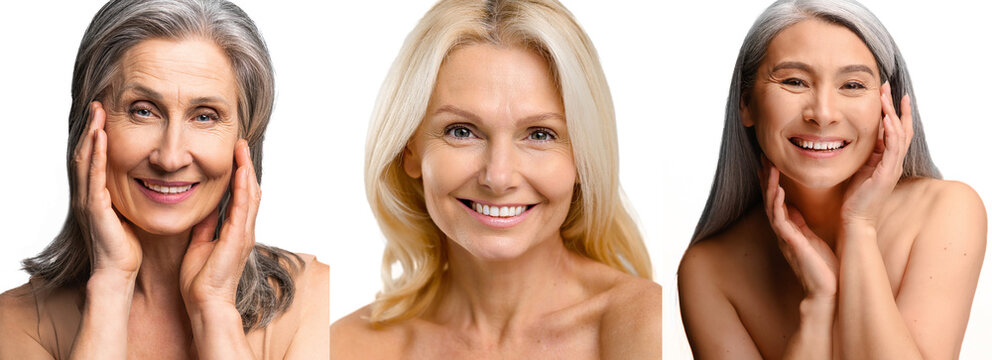 Three close-up portrait of mature women in collage. Charming middle-aged women with radiant face skin with fine wrinkle looking at the camera. Anti-age treatment concept