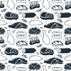 pattern of hand drawn meat products. illustration drawn in doodle style