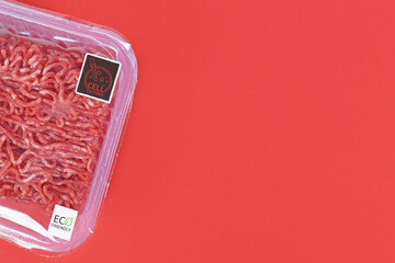 Cell cultured lab grown meat concept for artificial in vitro production with packed raw minced meat...