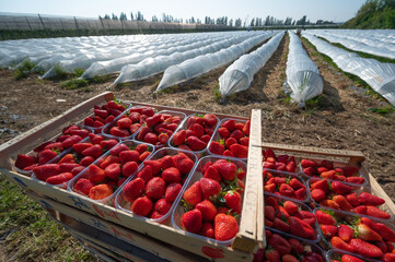 France, Gironde, May 2022: Box with ripe red strawberry while working on strawberry greenhouse field