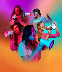 Collage of young excited people, boys and girls shouting at megaphone on multicolored background in...