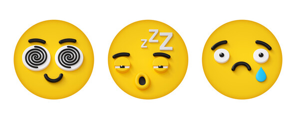 3d render, set of round yellow face icons with different emotions and facial expressions, isolated on white background. Crazy hypnosis sleepy sad