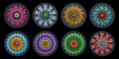 3d render, collection of assorted round stickers with abstract cyber flowers and organic shapes designs. Circles isolated on black background