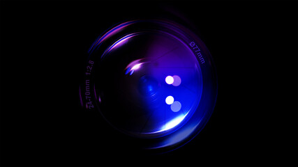 Camera lens with pink and blue gradient flare on a black background - camming, webcam photography