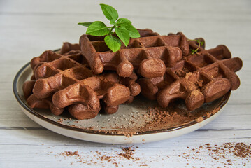 Delicious Belgian chocolate waffles on a ceramic plate on a light wooden countertop.