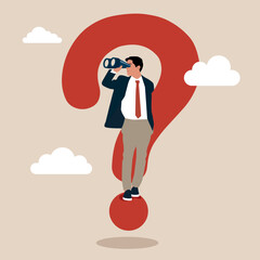 Businessman with huge question mark look through binoculars to search for new business idea. Curiosity explore unknown, search for solution or new business opportunity, seek for success concept. - obrazy, fototapety, plakaty
