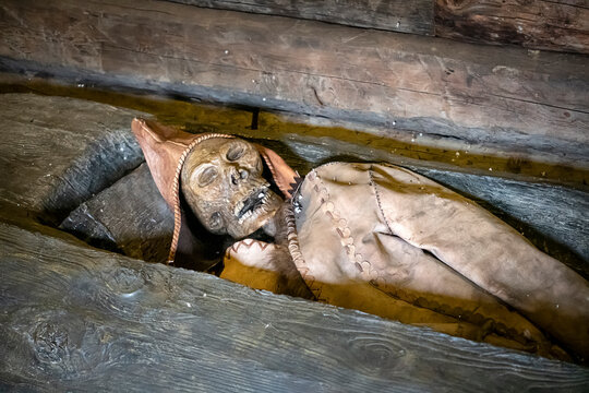 Reconstruction of scythian mummy in Pogrebnaya camera large Scythian burial mound. Russia, Siberia, Altai. Iron Age