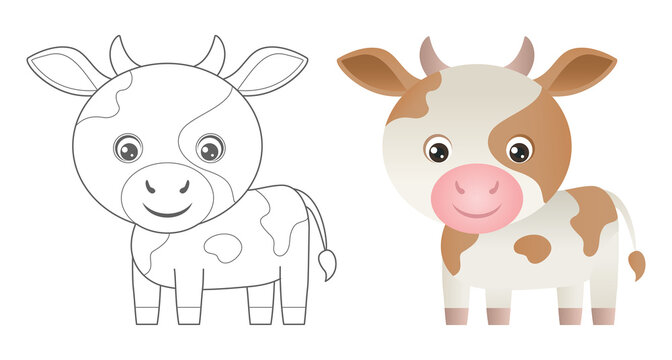 Calf coloring page. Cute farm animals coloring book for kids. Cartoon vector  outline baby animals.