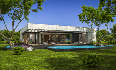 Fototapeta na wymiar 3d rendering of new concrete house in modern style with pool and parking for sale or rent and beautiful landscaping on background. The house has only one floor. Summer sunny day with clear blue sky.